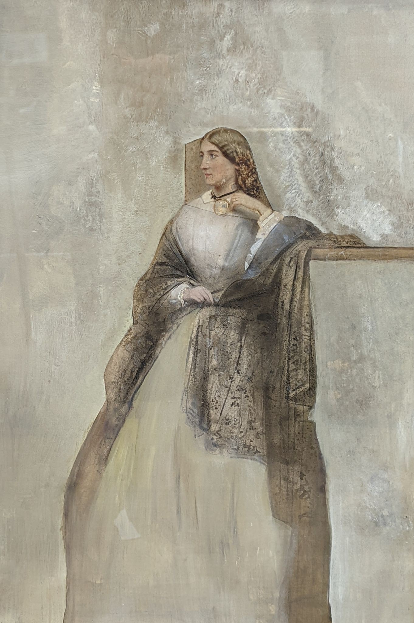 19th century Irish School, mixed media, Portrait of Gillian O'Conor, label remnant verso, 67 x 47cm